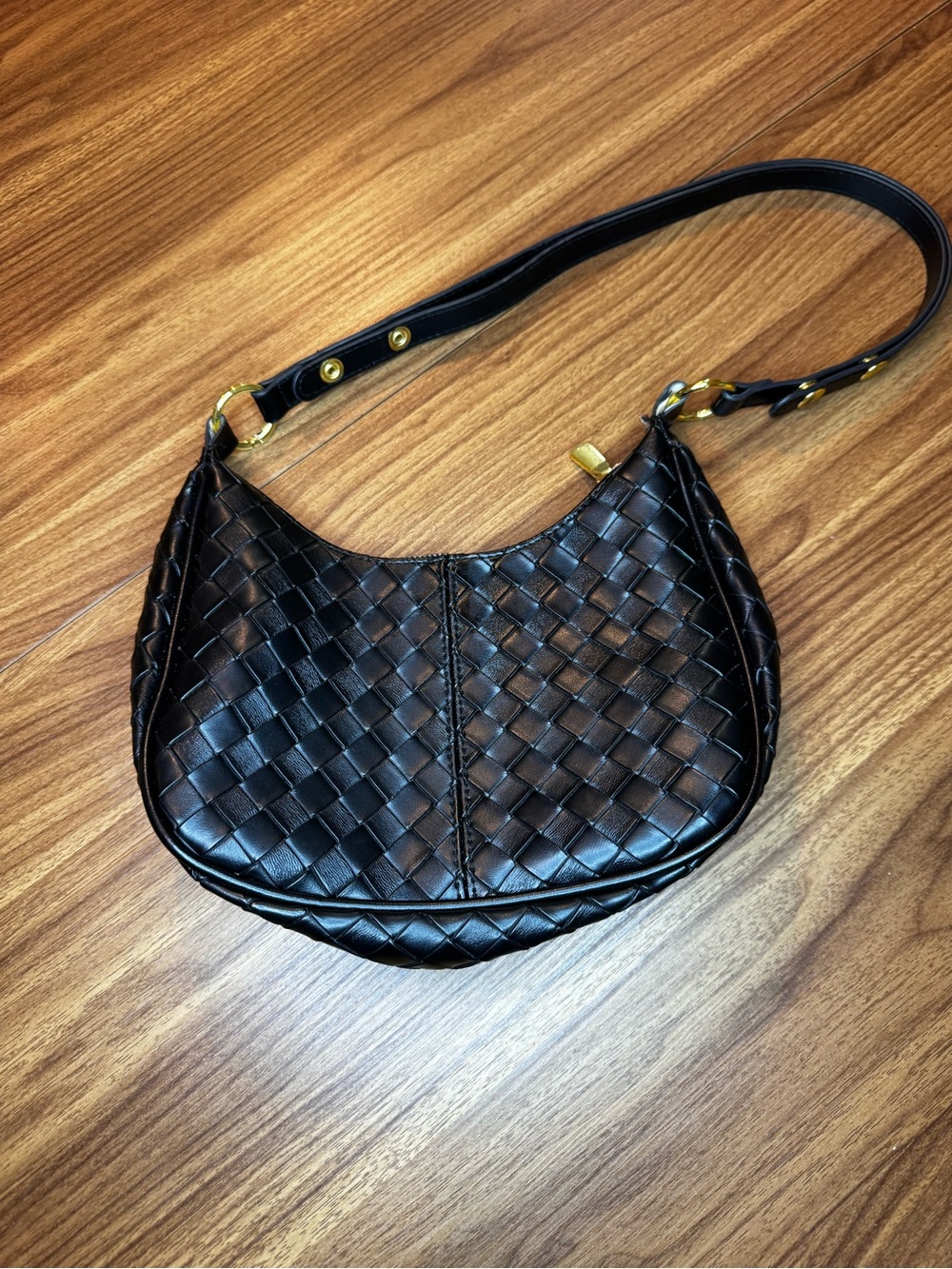 Woven Crescent Shoulder Bag in Black with Gold Hardware